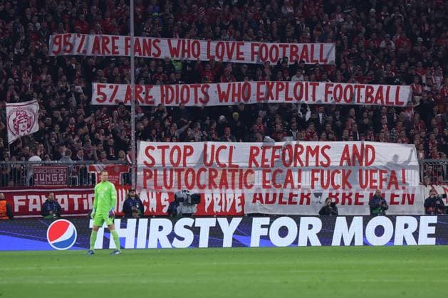Soccer Champions League group stage 4 matchday FC Bayern Munich Galatasaray Istanbul on 08 11 2023 at the Allianz Arena in Munich Banners Banner in the fan block of FC Bayern Munich xMSx