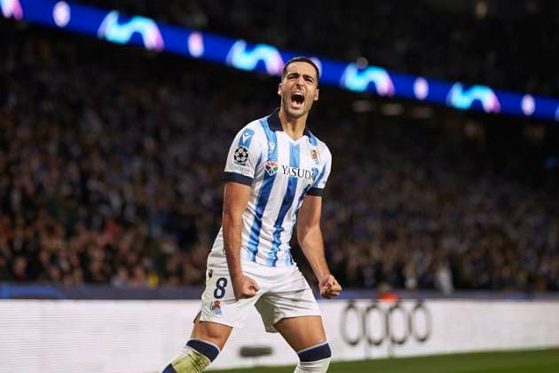 Real Sociedad v SL Benfica: Group D - UEFA Champions League 2023 24 Mikel Merino of Real Sociedad reacts after scoring goal during the UEFA Champions League match between Real Sociedad and SL Benfica at Reale Arena on November 8, 2023, in San Sebastian, Spain. San Sebastian Reale Arena Basque Country Spain RL_RSOvBENF_121 Copyright: xRicardoxLarreinax