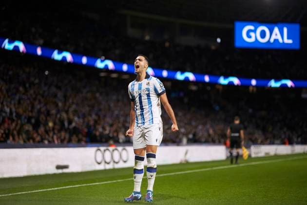 Real Sociedad v SL Benfica: Group D - UEFA Champions League 2023 24 Mikel Merino of Real Sociedad reacts after scoring goal during the UEFA Champions League match between Real Sociedad and SL Benfica at Reale Arena on November 8, 2023, in San Sebastian, Spain. San Sebastian Reale Arena Basque Country Spain RL_RSOvBENF_124 Copyright: xRicardoxLarreinax
