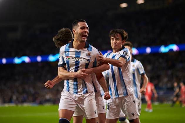 Mikel Merino of Real Sociedad reacts after scoring goal during the UEFA Champions League match between Real Sociedad and SL Benfica at Reale Arena on November 8, 2023, in San Sebastian, Spain.  (235050623)