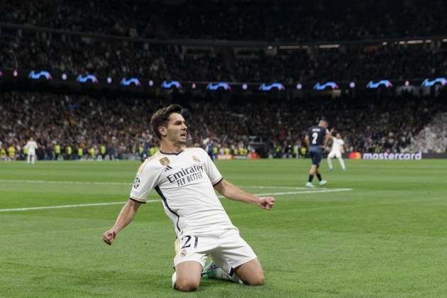 MADRID, SPAIN - NOVEMBER 08: Brahim Diaz of Real Madrid celebrates a goal during the UEFA CHAMPIONS LEAGUE 2023 24 match between Real Madrid Madrid and Braga at Santiago Bernabeu Stadium. ONLYxEDITORIALxUSAGE  (235057695)