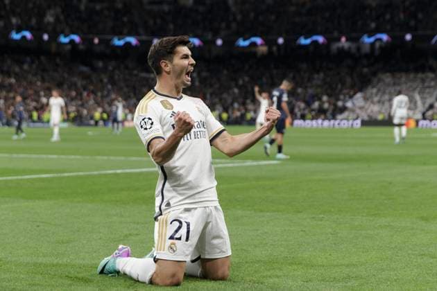 MADRID, SPAIN - NOVEMBER 08: Brahim Diaz of Real Madrid celebrates a goal during the UEFA CHAMPIONS LEAGUE 2023 24 match between Real Madrid Madrid and Braga at Santiago Bernabeu Stadium. ONLYxEDITORIALxUSAGE  (235057790)