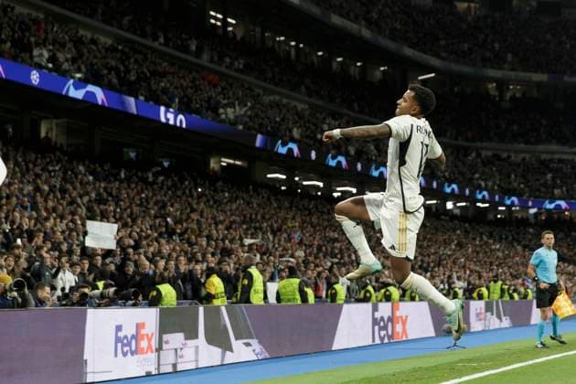 MADRID, SPAIN - NOVEMBER 08:Rodrygo Goes of Real Madrid celebrates a goal during the UEFA CHAMPIONS LEAGUE 2023 24 match between Real Madrid Madrid and Braga at Santiago Bernabeu Stadium. ONLYxEDITORIALxUSAGE  (235057977)