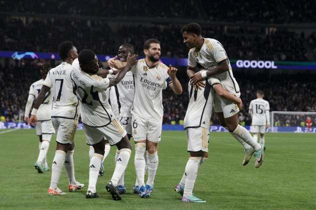 MADRID, SPAIN - NOVEMBER 08:Several players of Real Madrid celebrates a goal during the UEFA CHAMPIONS LEAGUE 2023 24 match between Real Madrid Madrid and Braga at Santiago Bernabeu Stadium. ONLYxEDITORIALxUSAGE  (235057999)