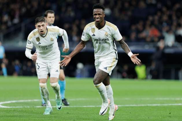 MADRID, SPAIN - NOVEMBER 08: Vinicius jr of Real Madrid celebrates a goal during the UEFA CHAMPIONS LEAGUE 2023 24 match between Real Madrid Madrid and Braga at Santiago Bernabeu Stadium. ONLYxEDITORIALxUSAGE  (235058368)