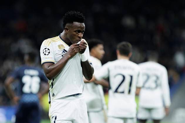 MADRID, SPAIN - NOVEMBER 08: Vinicius jr of Real Madrid celebrates a goal during the UEFA CHAMPIONS LEAGUE 2023 24 match between Real Madrid Madrid and Braga at Santiago Bernabeu Stadium. ONLYxEDITORIALxUSAGE  (235058463)