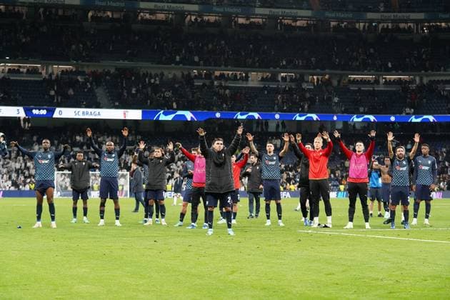 Champions League - Real Madrid v Braga SC Braga s players thank their fans after Champions League 2023 2024, Group C, match 4. Madrid, Spain, November 8, 2023. Photo by Acero AlterPhotos ABACAPRESS.COM Madrid Spain  Copyright: xAcero AlterPhotos ABACAx