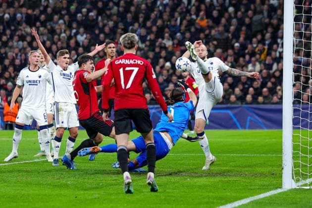 FC Copenhagen v Manchester United, ManU Champions League 08 11 2023. Harry Maguire (5) of Manchester United shoots towards the goal during the Champions League match between FC Copenhagen and Manchester United at Parken Stadium, Copenhagen, Denmark on 8 November 2023. Editorial use only , Copyright: xNigelxKeenex PSI-18364-0075