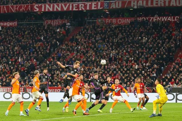 Bayern Munich FC v Galatasaray A.S. FC Bayern Munich forward Harry Kane (9) heads past Galatasaray goalkeeper Fernando Muslera (1) and scores a goal during the Bayern Munich FC v Galatasaray A.S. FC UEFA Champions League Group A match at Allianz Arena, Munich, Germany on 8 November 2023 Editorial Use Only Copyright: xIMAGO EveryxSecondxMediax ESM-0842-0106