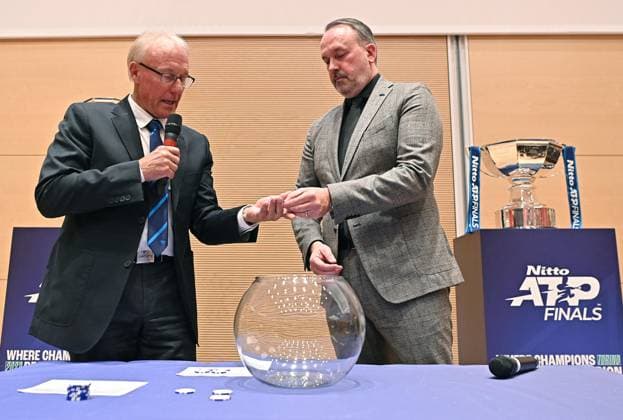 November 9, 2023, Turin: Sam strijckmans (R) executive vice president general manager of EMEA Nitto during the press conference, PK, Pressekonferenz and draw ceremony of the 54th edition of the Nitto ATP, Tennis Herren Finals Turin 2023 at the skyscraper Intesa San Paolo, Italy, 9 november 2023 ANSA ALESSANDRO DI MARCO Nitto Atp Finals Torino 2023  - ZUMAa110 20231109_zaf_a110_021 Copyright: xAlessandroxDixMarcox
