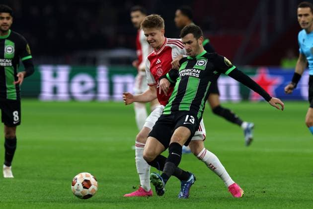 Amsterdam, Netherlands, 9th November 2023: Pascal Gross (13 Brighton) and Kristian Hlynsson (38 Ajax) battle for possession during the UEFA Europa League football match between Ajax and Brighton at The Johan Cruyff ArenA in Amsterdam, Netherlands. (James Whitehead SPP) Copyright: xJamesxWhiteheadx xSPPx spp-en-JaWhSp-JCWS0363