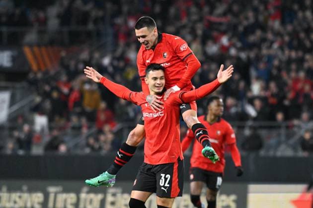 Joie des joueurs de l equipe Rennes apres le but de Fabian RIEDER ( 32 - Rennes ) - FOOTBALL : Rennes vs Panathinaikos - Ligue Europa - 09 11 2023 FedericoPestellini Panoramic 