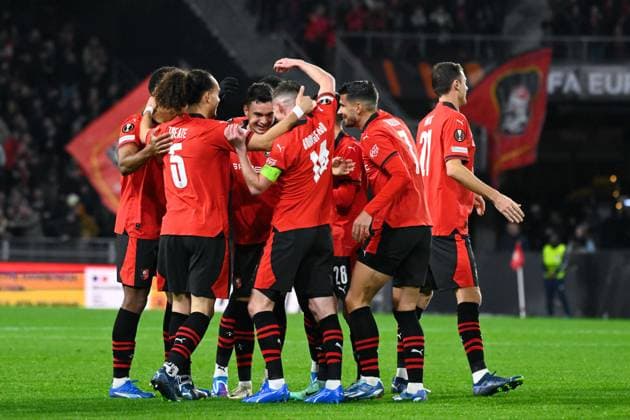 Joie des joueurs de l equipe Rennes apres le but de Fabian RIEDER ( 32 - Rennes ) - FOOTBALL : Rennes vs Panathinaikos - Ligue Europa - 09 11 2023 FedericoPestellini Panoramic 