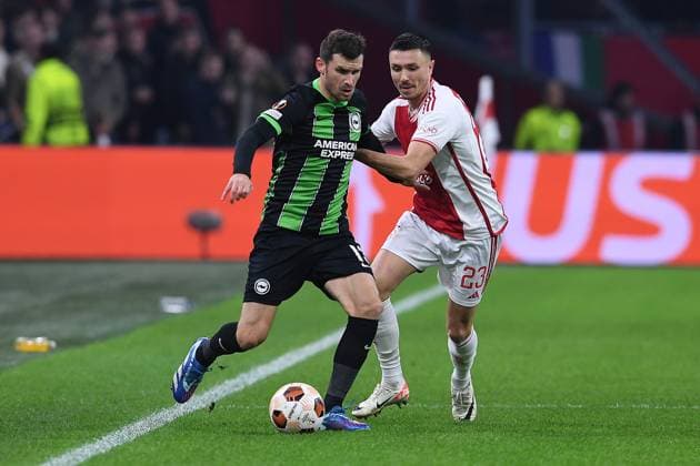 Soccer Europa League group stage matchday 4 Ajax Amsterdam Brighton Hove Albion on 09 11 2023 at the Johan Cruijff ArenA in Amsterdam Pascal Gross Brighton Hove , left Steven Berghuis Amsterdam , right xRx