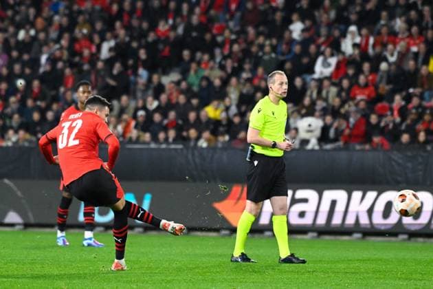 But de Fabian RIEDER ( 32 - Rennes ) - FOOTBALL : Rennes vs Panathinaikos - Ligue Europa - 09 11 2023 FedericoPestellini Panoramic 