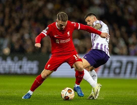 Football - UEFA Europa League - Group E - Toulouse FC v Liverpool FC TOULOUSE, ENGLAND - Thursday, November 9, 2023: Liverpool s Alexis Mac Allister during the UEFA Europa League Group E match-day 4 game between Toulouse FC and Liverpool FC at the Stadium de Toulouse. (Photo by David Rawcliffe Propaganda) TOULOUSE Stadium de Toulouse OCCITANIA FRANCE  Copyright: xDavidxRawcliffex P2023-11-09-Toulouse_Liverpool-21