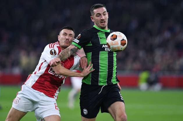 Soccer Europa League group stage matchday 4 Ajax Amsterdam Brighton Hove Albion on 09 11 2023 at the Johan Cruijff ArenA in Amsterdam Steven Berghuis Amsterdam , left Lewis Dunk Brighton Hove , right xRx