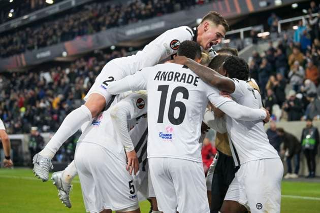 SOCCER - UEFA EL, LASK vs Saint-Gilloise LINZ,AUSTRIA,09.NOV.23 - SOCCER - UEFA Europa League, group stage, Linzer ASK vs Royale Union Saint-Gilloise. Image shows the rejoicing of LASK with Maksym Talovierov (LASK).  GEPAxpictures xChristianxMoser