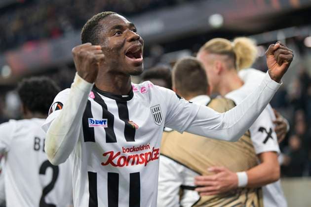SOCCER - UEFA EL, LASK vs Saint-Gilloise LINZ,AUSTRIA,09.NOV.23 - SOCCER - UEFA Europa League, group stage, Linzer ASK vs Royale Union Saint-Gilloise. Image shows the rejoicing of Moses Usor (LASK).  GEPAxpictures xChristianxMoser