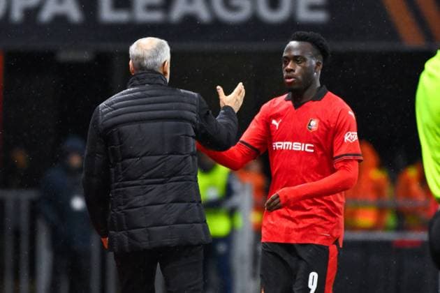Arnaud Kalimuendo ( 9 - Rennes ) - Bruno GENESIO ( entraineur Rennes ) - FOOTBALL : Rennes vs Panathinaikos - Ligue Europa - 09 11 2023 FedericoPestellini Panoramic 