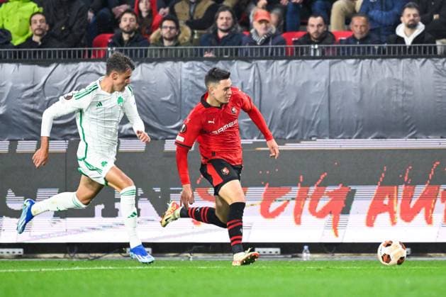 Fabian RIEDER ( 32 - Rennes ) - Giorgos Vagiannidis ( 2 - Panathinaikos ) - FOOTBALL : Rennes vs Panathinaikos - Ligue Europa - 09 11 2023 FedericoPestellini Panoramic 