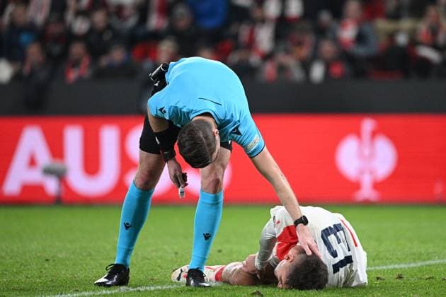 Injured Mojmir Chytil of Slavia Praha during the football Europe League 4th round match Slavia Praha vs AS Rome, group G in Prague, Czech Republic, November 9, 2023. (CTKxPhoto MichalxKamaryt) CTKPhotoP2023110908575  CTKPhotoP2023110908575