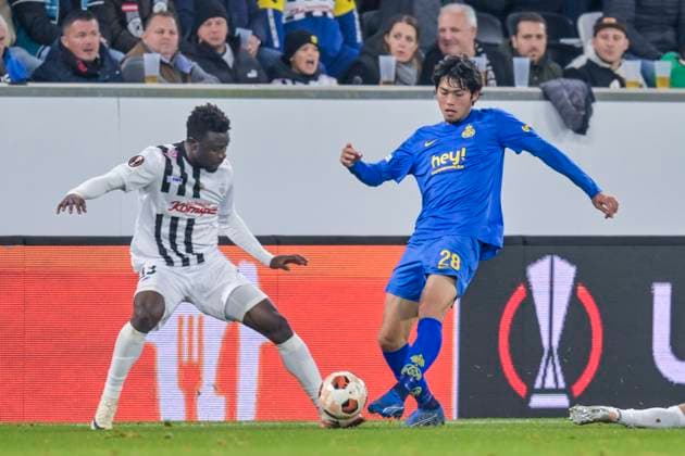 SOCCER - UEFA EL, LASK vs Saint-Gilloise LINZ,AUSTRIA,09.NOV.23 - SOCCER - UEFA Europa League, group stage, Linzer ASK vs Royale Union Saint-Gilloise. Image shows Ibrahim Mustapha (LASK) and Koki Machida (Saint-Gilloise).  GEPAxpictures xChristianxMoser