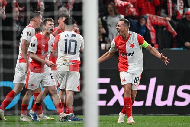 From right captain of Slavia Jan Boril and team celebrate second goal during the football Europe League 4th round match Slavia Praha vs AS Rome, group G in Prague, Czech Republic, November 9, 2023. (CTKxPhoto MichalxKamaryt) CTKPhotoP2023110909143  CTKPhotoP2023110909143
