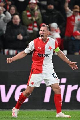 Jan Boril of Slavia celebrates second goal during the football Europe League 4th round match Slavia Praha vs AS Rome, group G in Prague, Czech Republic, November 9, 2023. (CTKxPhoto MichalxKamaryt) CTKPhotoP2023110909208  CTKPhotoP2023110909208