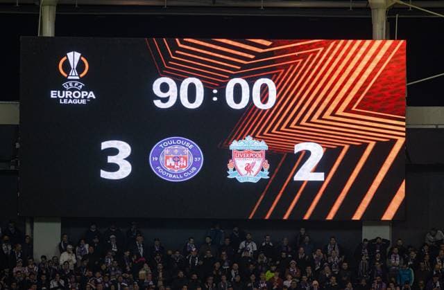 Football - UEFA Europa League - Group E - Toulouse FC v Liverpool FC TOULOUSE, FRANCE - Thursday, November 9, 2023: The scoreboard during the UEFA Europa League Group E match-day 4 game between Toulouse FC and Liverpool FC at the Stadium de Toulouse. (Photo by David Rawcliffe Propaganda) TOULOUSE Stadium de Toulouse OCCITANIA FRANCE  Copyright: xDavidxRawcliffex P2023-11-09-Toulouse_Liverpool-129