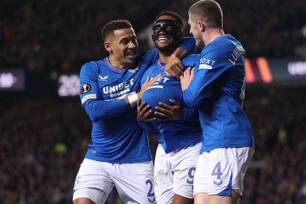 Rangers v Sparta Prague Europa League 09 11 2023. GOAL 1-0 Danilo of Rangers scores and celebrates with James Tavernier of Rangers and John Lundstram of Rangers during the Europa League match between Rangers and Sparta Prague at Ibrox, Glasgow, Scotland on 9 November 2023. Glasgow Ibrox Lanarkshire Scotland Editorial use only , Copyright: xPaulxPhelanx PSI-18386-0017