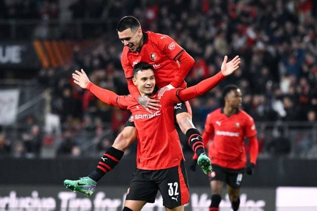 Sport Themen der Woche KW45 Sport Bilder des Tages Joie des joueurs de l equipe Rennes apres le but de Fabian RIEDER ( 32 - Rennes ) - FOOTBALL : Rennes vs Panathinaikos - Ligue Europa - 09 11 2023 FedericoPestellini Panoramic 
