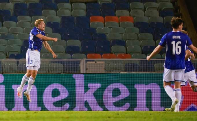 GÖTEBORG 20231109 Moldes Kristian Eriksen celebrates after scoring 2-0 during Thursdays Europa League Group H football match between BK Häcken and Molde FK from Norway at Gamla Ullevi GÖTEBORG SWEDEN x9200x  Copyright: xAdamxIhse TTx EUROPA LEAGUE HÄCKEN-MOLDE