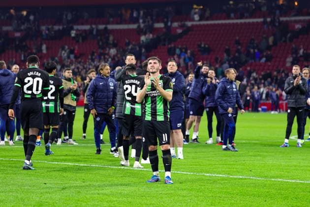 Ajax v Brighton and Hove Albion Europa League 09 11 2023. Billy Gilmour (11) of Brighton & Hove Albion thanks fans at full time during the Europa League match between Ajax and Brighton and Hove Albion at the Amsterdam Arena, Amsterdam, Netherlands on 9 November 2023. Editorial use only , Copyright: xNigelxKeenex PSI-18369-0046