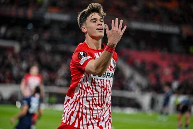 09 11 2023, Freiburg, Germany, Stadion am Wolfswinkel, SC Freiburg vs FK TSC Backa Topola UEFA Europa League 2023 24 Group A, Noah Weisshaupt SC Freiburg goal celebration, cheers after his goal for 3 0 Photo H Langer Freiburg Stadion am Wolfswinkel Germany  541_SCFTOP20231109_035 Langer-541