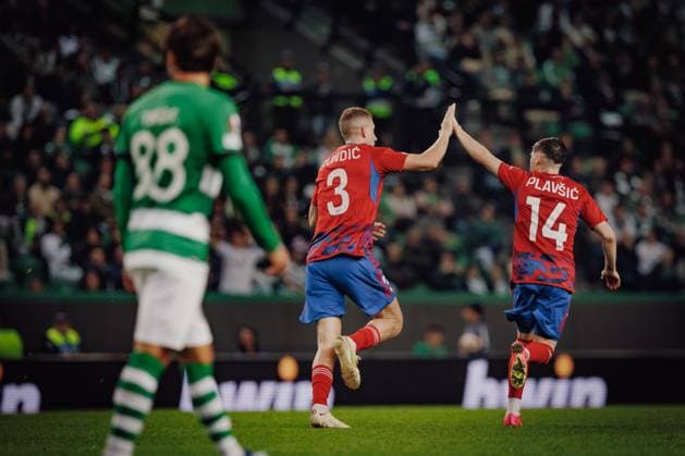 Milan Rundic celebrates after scored goal with Srdan Plavsic during UEFA Europa League 23 24 game between Sporting CP e Rakow Czestochowa at Estadio Jose Alvalade, Lisbon, Portugal. (Maciej Rogowski) Lisbon Estadio Jose Alvalade Portugal Copyright: xMaciejxRogowskix scprakow-5