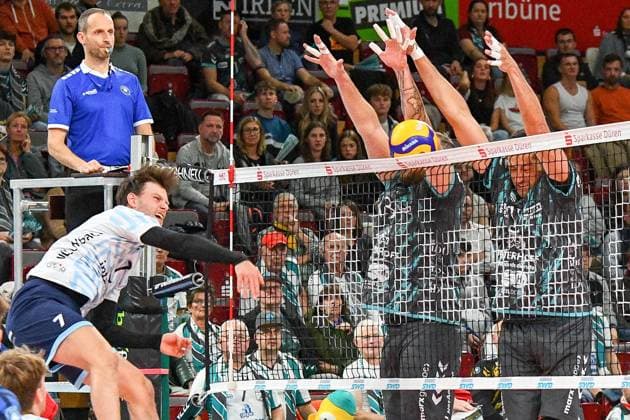 v li Fabian Bergmoser ASV Dachau, 7 with a smash ball, action, action, game scene, 09 11 2023, Düren Germany , Volleyball, 1 Bundesliga, SWD Powervolleys Düren ASV Dachau xmhx