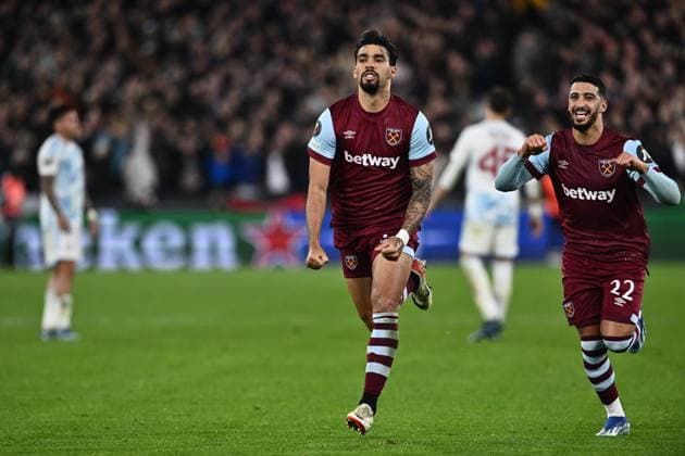 LONDON, ENGLAND - NOVEMBER 9: Lucas Paqueta of West Ham United celebrates with Said Benrahma after scoring a goal during the UEFA Europa League match between West Ham United FC and Olympiacos FC at London Stadium on November 9, 2023 in London, England. Photo by Sebastian Frej West Ham United FC v Olympiacos FC: Group A - UEFA Europa League 2023 24 Copyright: xSebastianxFrejx