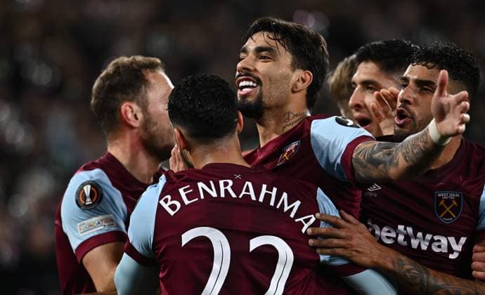 LONDON, ENGLAND - NOVEMBER 9: Lucas Paqueta of West Ham United celebrates with Said Benrahma and Emerson Palmieri after scoring a goal during the UEFA Europa League match between West Ham United FC and Olympiacos FC at London Stadium on November 9, 2023 in London, England. Photo by Sebastian Frej West Ham United FC v Olympiacos FC: Group A - UEFA Europa League 2023 24 Copyright: xSebastianxFrejx