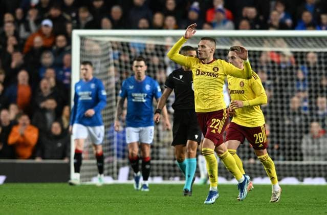 Glasgow, Scotland, 9th November 2023. LukaÅ¡ Haraslin of Sparta Prague scores during the UEFA Europa League match at Ibrox Stadium, Glasgow. Picture credit should read: Neil Hanna Sportimage EDITORIAL USE ONLY. No use with unauthorised audio, video, data, fixture lists, club league logos or live services. Online in-match use limited to 120 images, no video emulation. No use in betting, games or single club league player publications. SPI-2721-0056