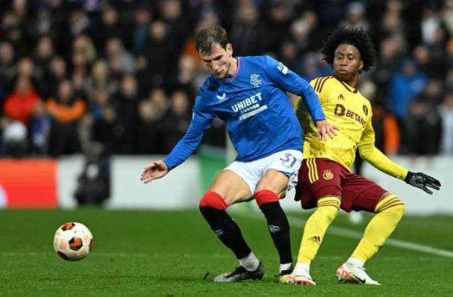 Glasgow, Scotland, 9th November 2023. Borna BariÅ¡iÄ‡ of Rangers and Angelo Preciado of Sparta Prague during the UEFA Europa League match at Ibrox Stadium, Glasgow. Picture credit should read: Neil Hanna Sportimage EDITORIAL USE ONLY. No use with unauthorised audio, video, data, fixture lists, club league logos or live services. Online in-match use limited to 120 images, no video emulation. No use in betting, games or single club league player publications. SPI-2721-0059