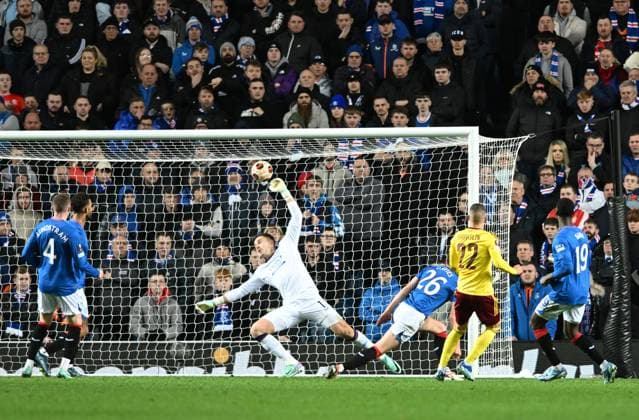 Glasgow, Scotland, 9th November 2023. LukaÅ¡ Haraslin of Sparta Prague scores during the UEFA Europa League match at Ibrox Stadium, Glasgow. Picture credit should read: Neil Hanna Sportimage EDITORIAL USE ONLY. No use with unauthorised audio, video, data, fixture lists, club league logos or live services. Online in-match use limited to 120 images, no video emulation. No use in betting, games or single club league player publications. SPI-2721-0066