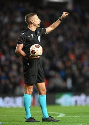 Glasgow, Scotland, 9th November 2023. Referee Davide Massa during the UEFA Europa League match at Ibrox Stadium, Glasgow. Picture credit should read: Neil Hanna Sportimage EDITORIAL USE ONLY. No use with unauthorised audio, video, data, fixture lists, club league logos or live services. Online in-match use limited to 120 images, no video emulation. No use in betting, games or single club league player publications. SPI-2721-0073