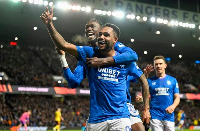 Glasgow, Scotland, 9th November 2023. Danilo of Rangers celebrates scoring during the UEFA Europa League match at Ibrox Stadium, Glasgow. Picture credit should read: Neil Hanna Sportimage EDITORIAL USE ONLY. No use with unauthorised audio, video, data, fixture lists, club league logos or live services. Online in-match use limited to 120 images, no video emulation. No use in betting, games or single club league player publications. SPI-2721-0080