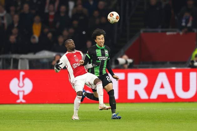 (L-R) Carlos Borges (Ajax), Kaoru Mitoma (Brighton), NOVEMBER 9, 2023 - Football Soccer : UEFA Europa League group B matchday4 between Sporting AFC Ajax 0-2 Brighton & Hove Albion FC at the Johan Cruijff ArenA in Amsterdam, Netherlands. Noxthirdxpartyxsales  (235180379)
