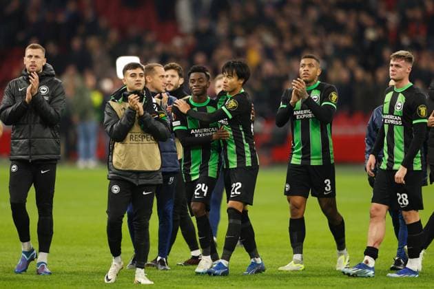 Kaoru Mitoma (Brighton), NOVEMBER 9, 2023 - Football Soccer : Mitoma celebrate with team players after winning UEFA Europa League group B matchday4 between Sporting AFC Ajax 0-2 Brighton & Hove Albion FC at the Johan Cruijff ArenA in Amsterdam, Netherlands. Noxthirdxpartyxsales  (235180408)