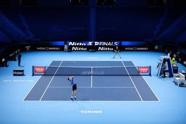 Foto Marco Alpozzi LaPresse 10 Novembre 2023 Torino - Italia - - Tennis Nitto ATP, Tennis Herren Finals - Practice Sinner Vs Rublev Nella foto: Andrey Rublev (Russia) Jannik Sinner (Italia) November 10, 2023 Turin - Italy - Sport - Tennis Nitto ATP Finals - Practice Sinner Vs Rublev In the pic: Andrey Rublev (Russia) Jannik Sinner (Italia)  Copyright: xMarcoxAlpozzi LaPressex