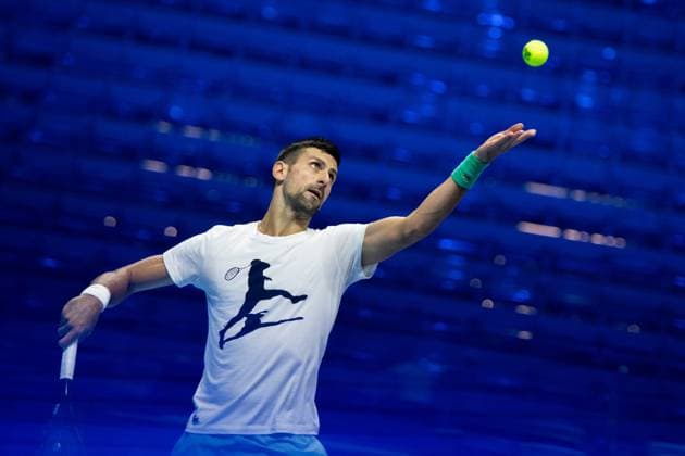 Foto Marco Alpozzi LaPresse 10 Novembre 2023 Torino - Italia - - Tennis Nitto ATP, Tennis Herren Finals - Practice Djokovic Vs Alcaraz Nella foto: Novak Djokovic (Serbia) November 10, 2023 Turin - Italy - Sport - Tennis Nitto ATP Finals - Practice Djokovic Vs Alcaraz In the pic: Novak Djokovic (Serbia)  Copyright: xMarcoxAlpozzi LaPressex