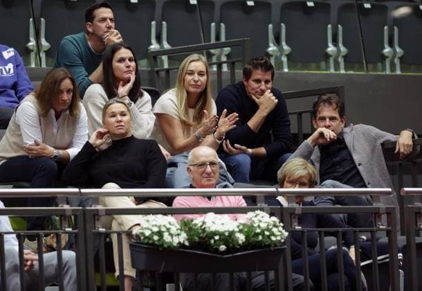 TENNIS - Billie Jean King Cup, AUT vs MEX SCHWECHAT,AUSTRIA,11.NOV.23 - TENNIS - Billie Jean King Cup, play off, Austria vs Mexico. Image shows Barbara Schett, Clemens Trimmel, vice president Georg Blumauer (OETV) and guests.  GEPAxpictures xWalterxLuger