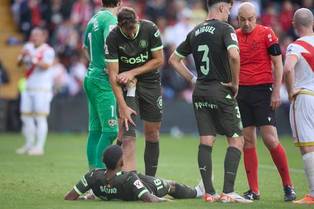 Spain, Madrid, 11 11 2023, Santiago Bernabeu Stadium, Real Madrid v Valencia CF La Liga EA Sports match round 13, Savio Moreira Girona FC lies injured on the pitch Madrid Santiago Bernabeu Stadium Spain  eu-images-071